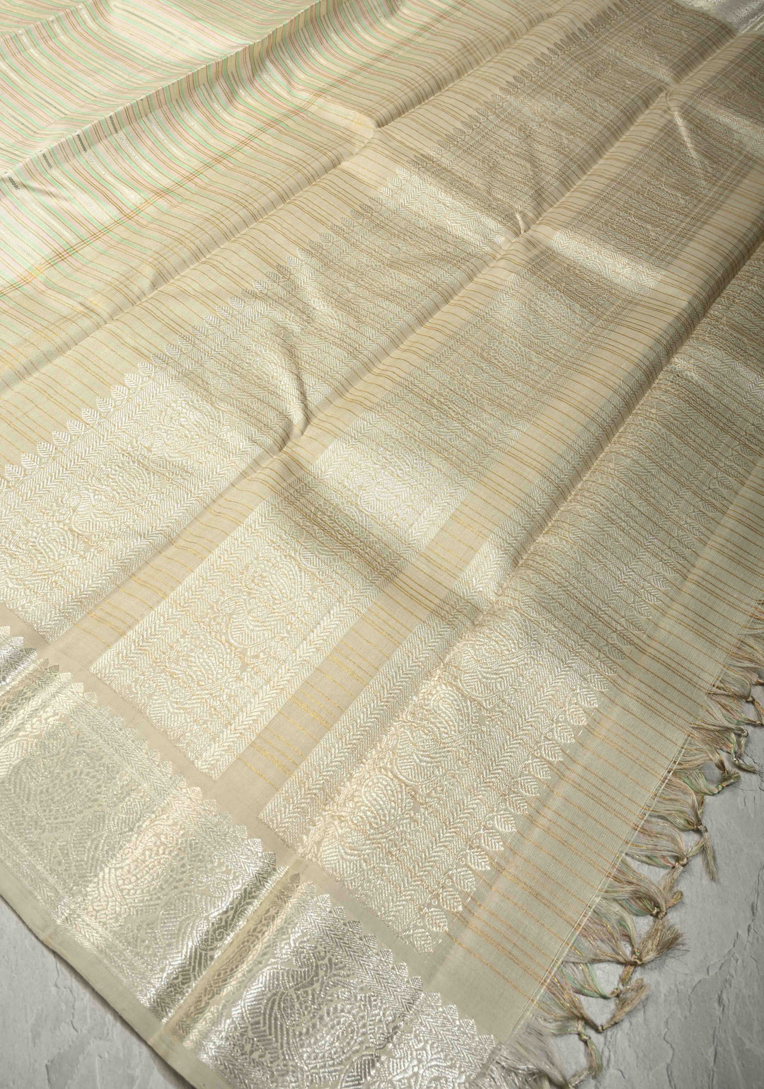 Ivory Contemporary Pure Kanjivaram Silk Saree with Silver Zari-Pastel Stripes and Zari Border | SILK MARK CERTIFIED