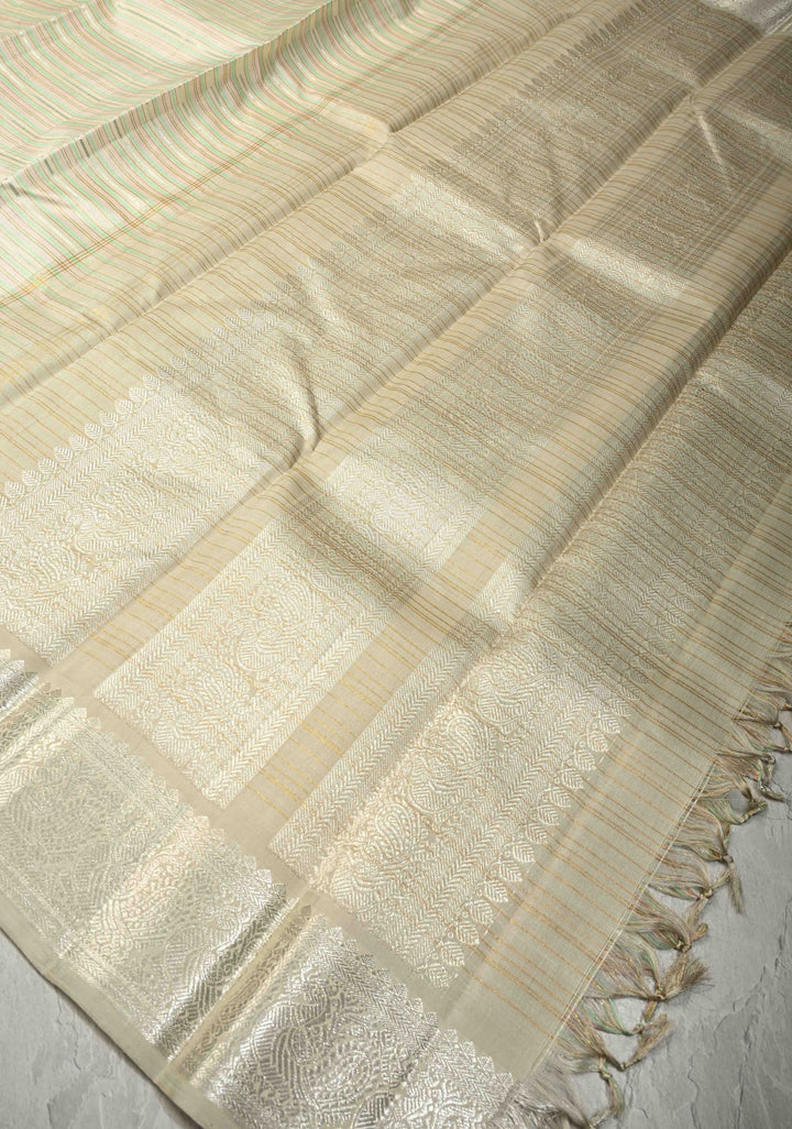 Ivory Contemporary Pure Kanjivaram Silk Saree with Silver Zari-Pastel Stripes and Zari Border | SILK MARK CERTIFIED