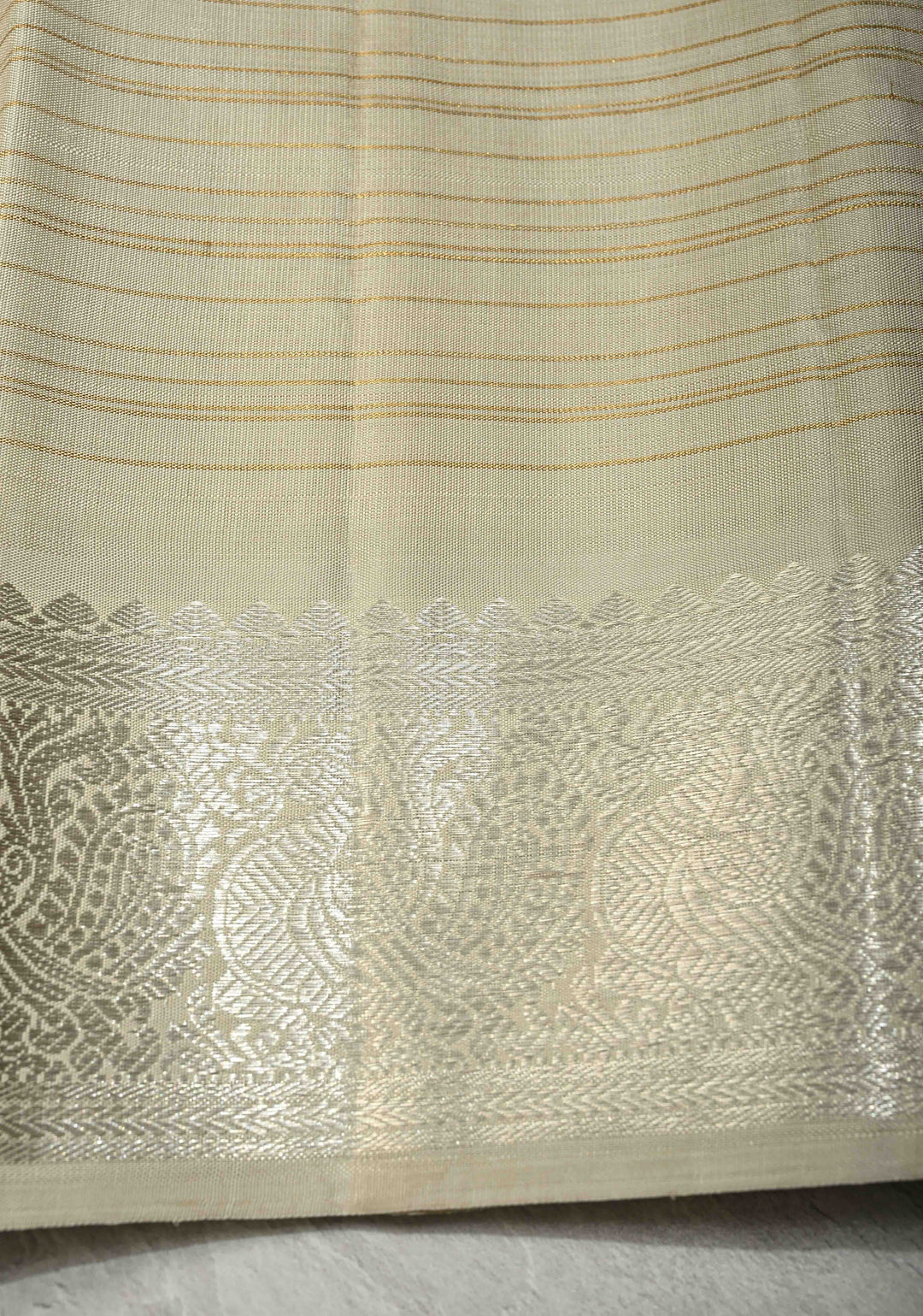 Ivory Contemporary Pure Kanjivaram Silk Saree with Silver Zari-Pastel Stripes and Zari Border | SILK MARK CERTIFIED