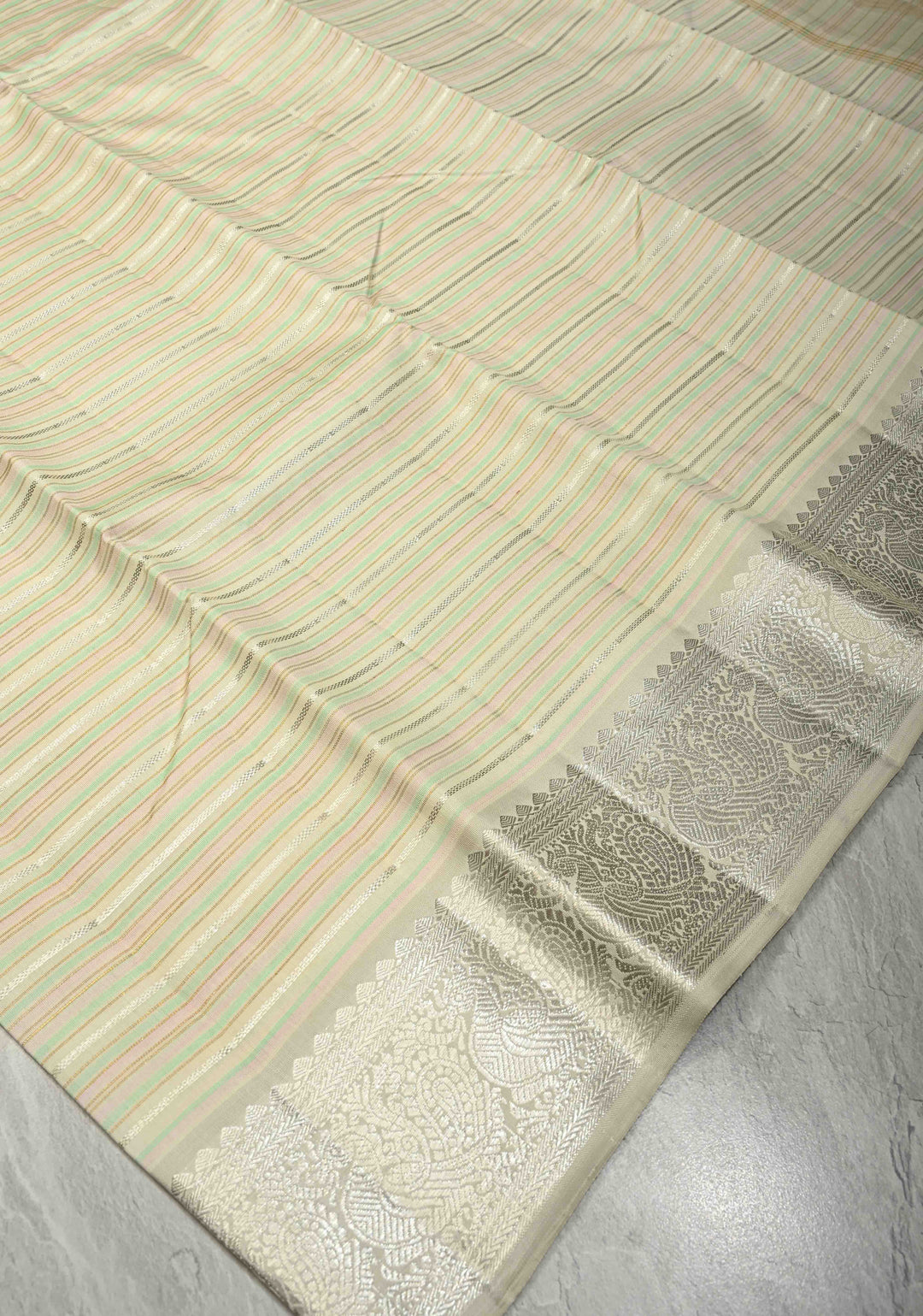Ivory Contemporary Pure Kanjivaram Silk Saree with Silver Zari-Pastel Stripes and Zari Border | SILK MARK CERTIFIED