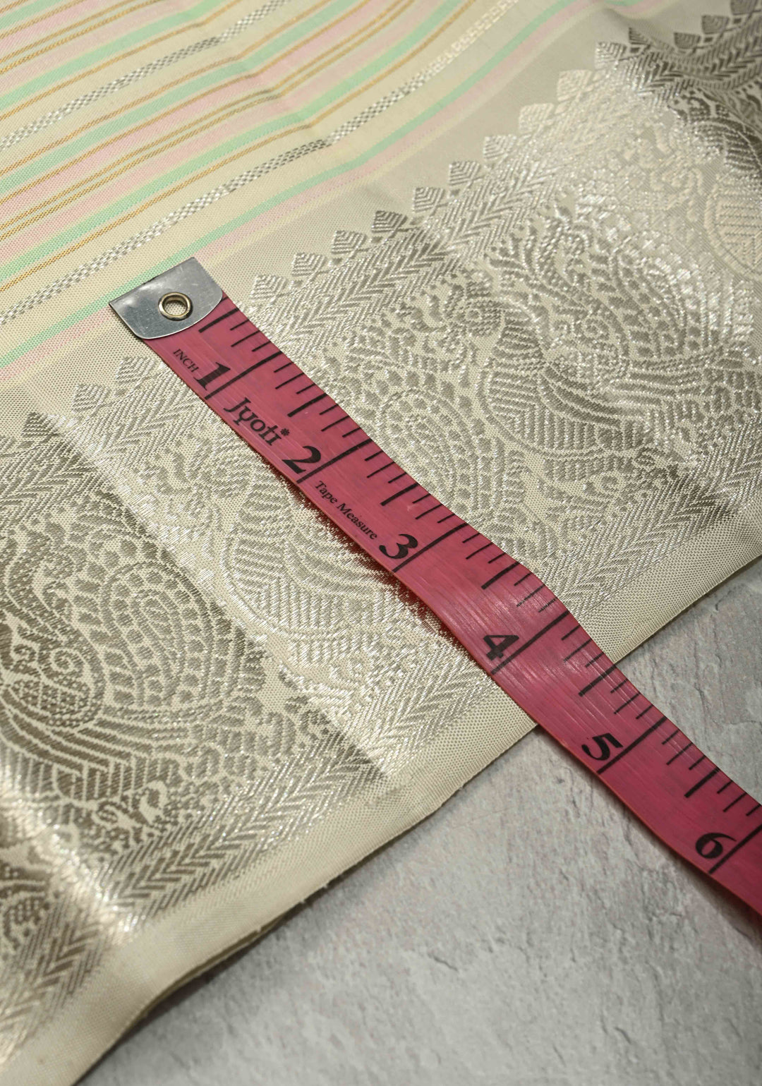 Ivory Contemporary Pure Kanjivaram Silk Saree with Silver Zari-Pastel Stripes and Zari Border | SILK MARK CERTIFIED