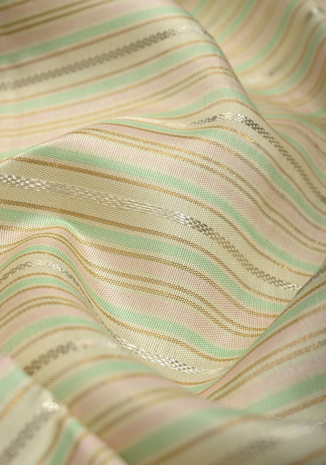 Ivory Contemporary Pure Kanjivaram Silk Saree with Silver Zari-Pastel Stripes and Zari Border | SILK MARK CERTIFIED