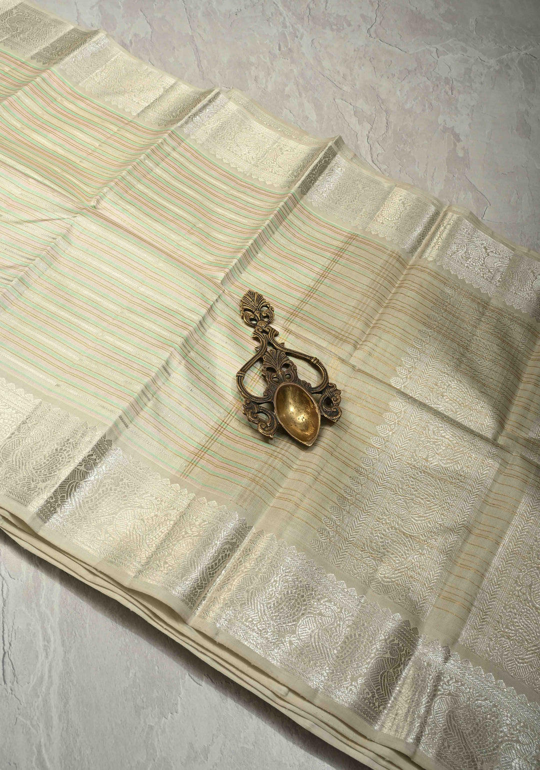 Ivory Contemporary Pure Kanjivaram Silk Saree with Silver Zari-Pastel Stripes and Zari Border | SILK MARK CERTIFIED