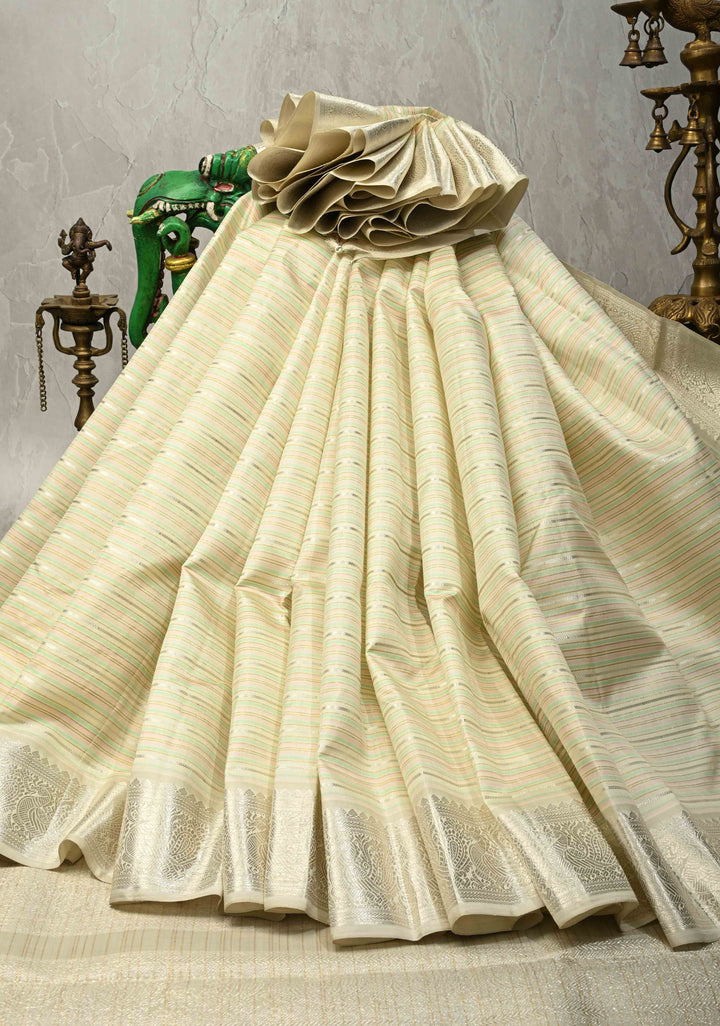 Ivory Contemporary Pure Kanjivaram Silk Saree with Silver Zari-Pastel Stripes and Zari Border | SILK MARK CERTIFIED