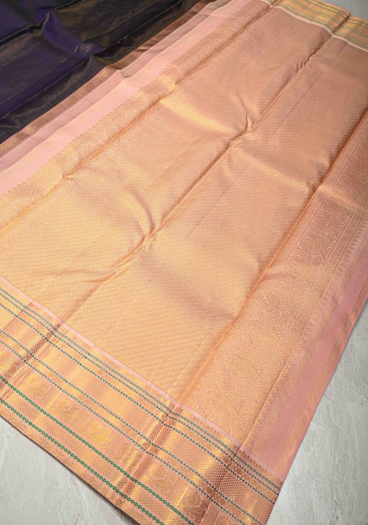 Deep Navy Blue Pure Kanjivaram Silk Saree with Vairaoosi Zari Stripes and Contrast Korvai Veldhari Zari Border | SILK MARK CERTIFIED