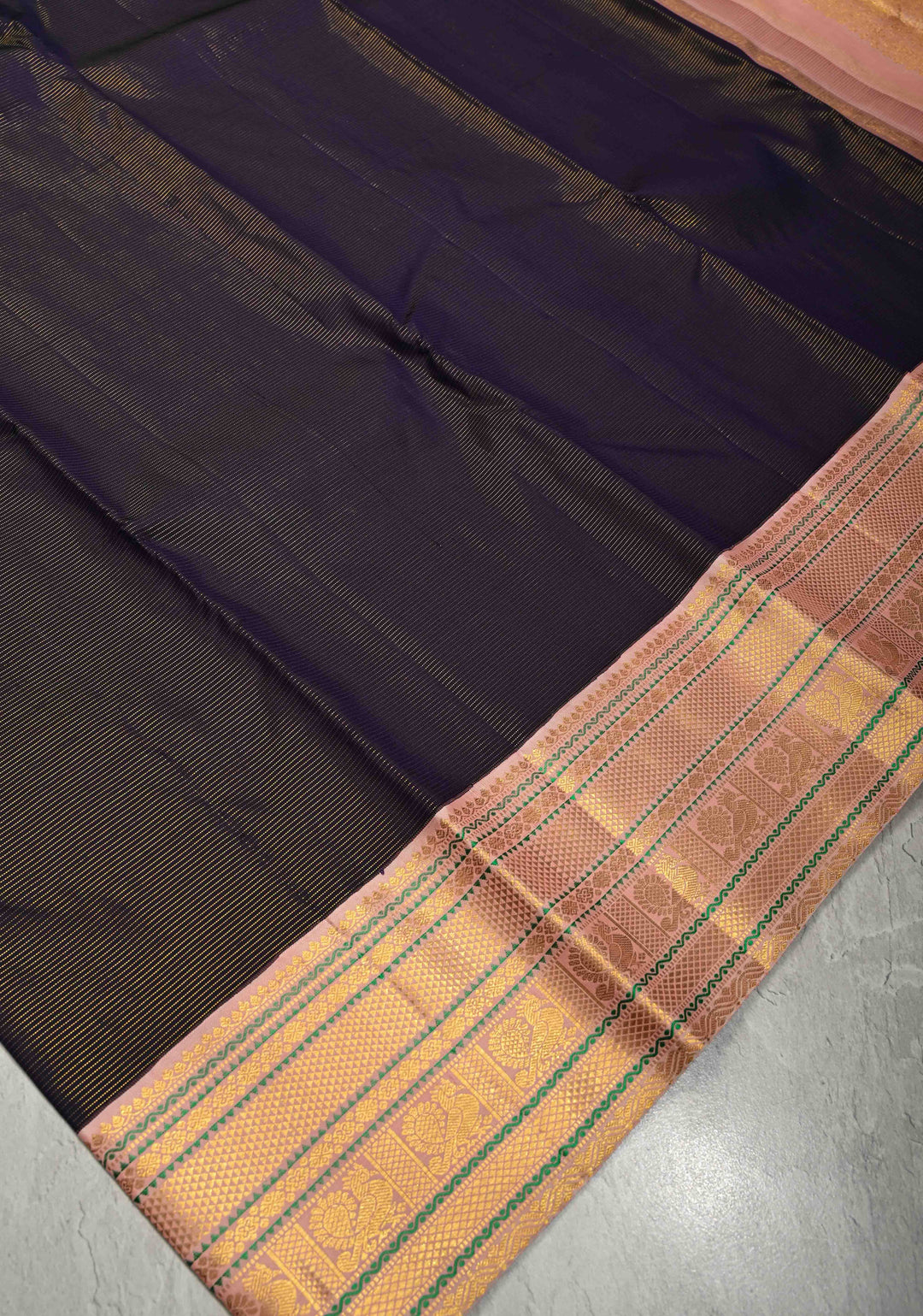 Deep Navy Blue Pure Kanjivaram Silk Saree with Vairaoosi Zari Stripes and Contrast Korvai Veldhari Zari Border | SILK MARK CERTIFIED