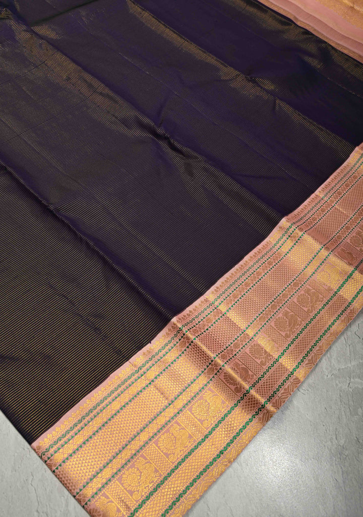 Deep Navy Blue Pure Kanjivaram Silk Saree with Vairaoosi Zari Stripes and Contrast Korvai Veldhari Zari Border | SILK MARK CERTIFIED