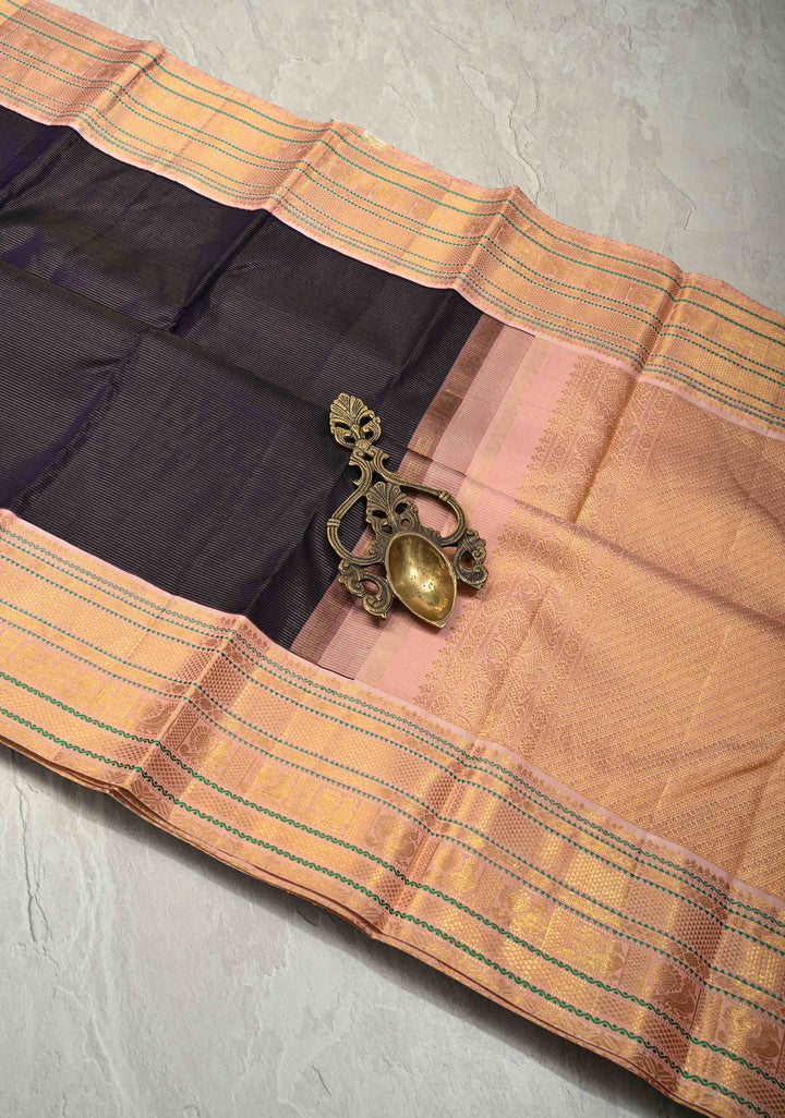 Deep Navy Blue Pure Kanjivaram Silk Saree with Vairaoosi Zari Stripes and Contrast Korvai Veldhari Zari Border | SILK MARK CERTIFIED