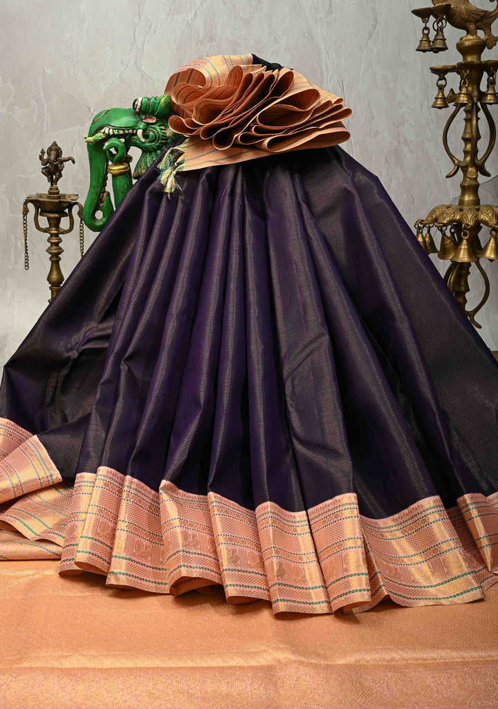 Deep Navy Blue Pure Kanjivaram Silk Saree with Vairaoosi Zari Stripes and Contrast Korvai Veldhari Zari Border | SILK MARK CERTIFIED