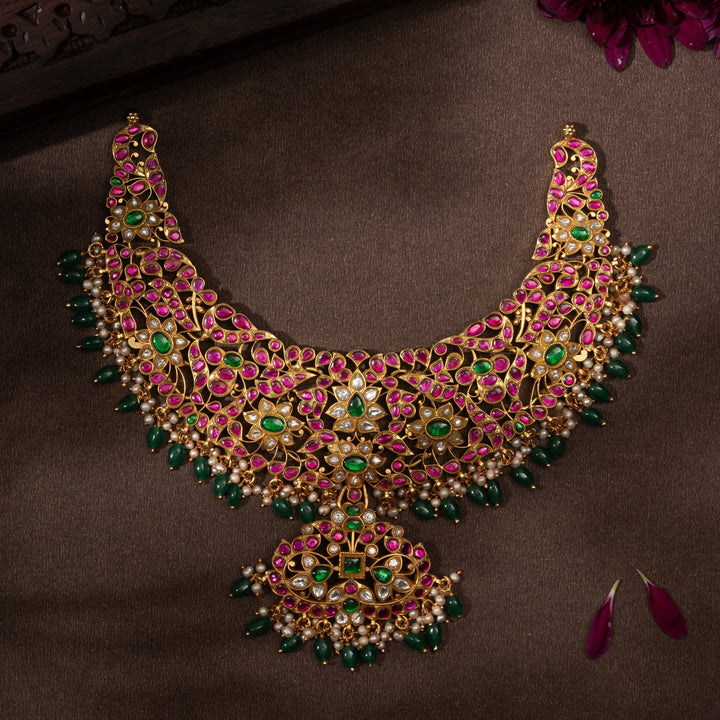 Pure 92.5 Silver, Gold Plated Kusumavali Kundan Necklace | SHOBITAM