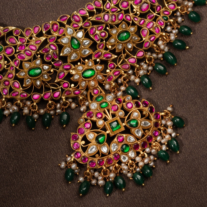 Pure 92.5 Silver, Gold Plated Kusumavali Kundan Necklace | SHOBITAM