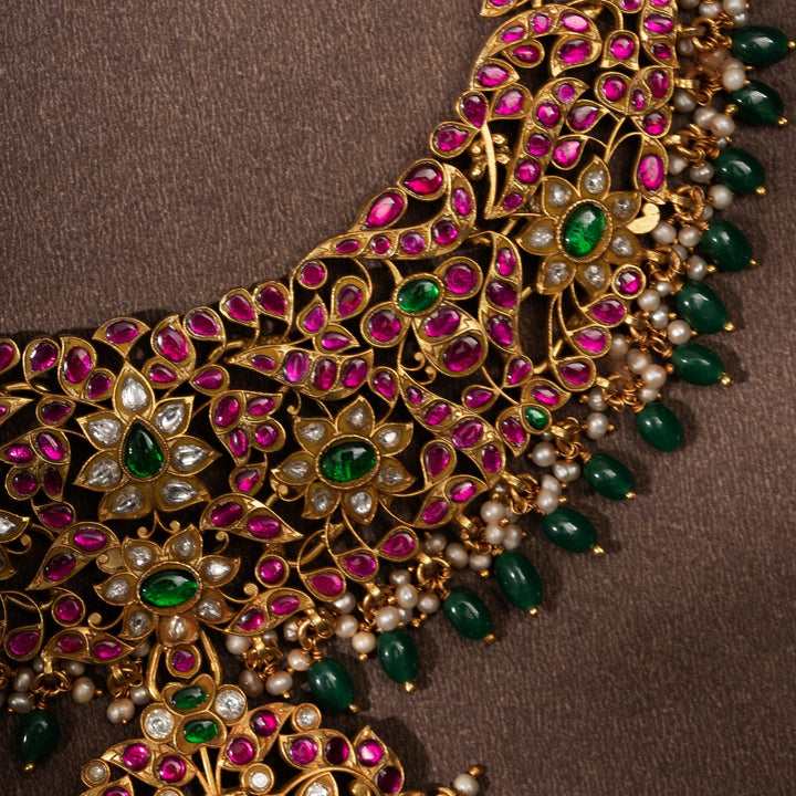 Pure 92.5 Silver, Gold Plated Kusumavali Kundan Necklace | SHOBITAM