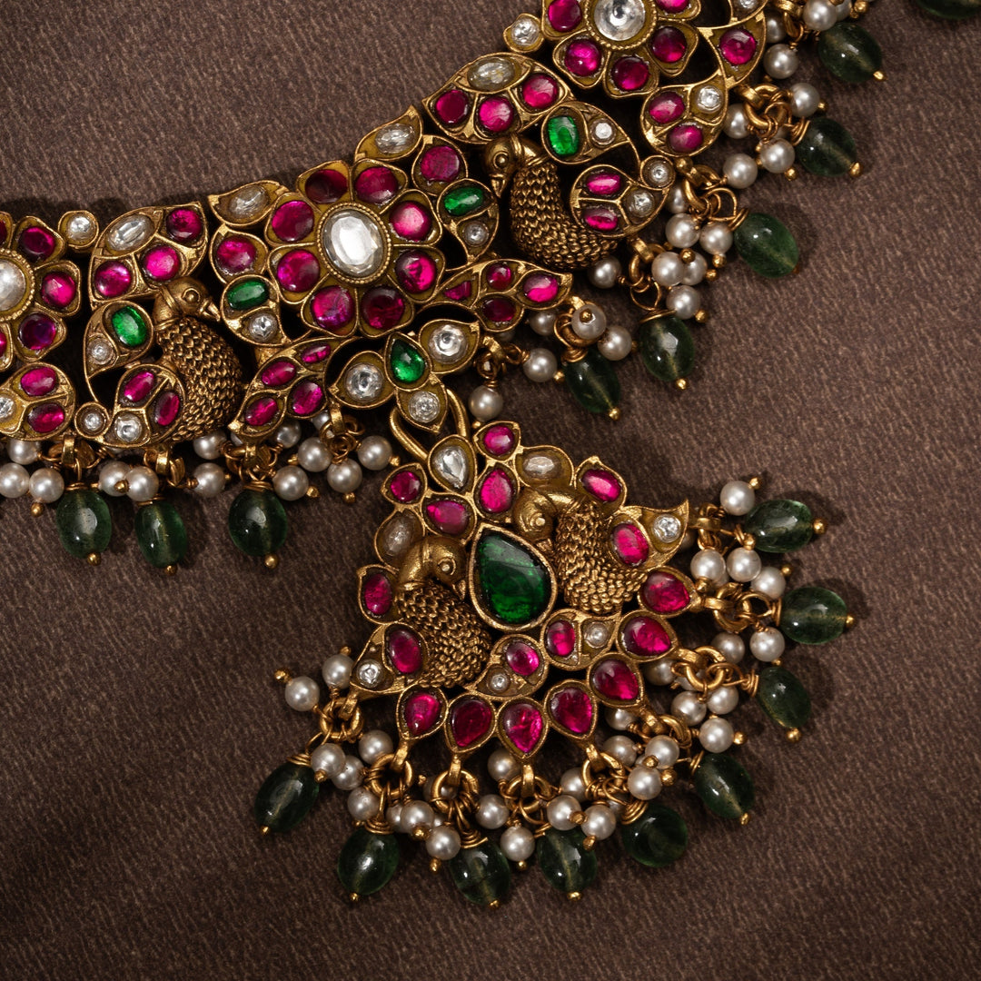 Pure 92.5 Silver, Gold Plated Roseate Feather Kundan Necklace | SHOBITAM