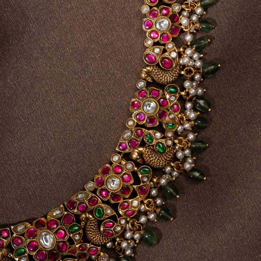 Pure 92.5 Silver, Gold Plated Roseate Feather Kundan Necklace | SHOBITAM