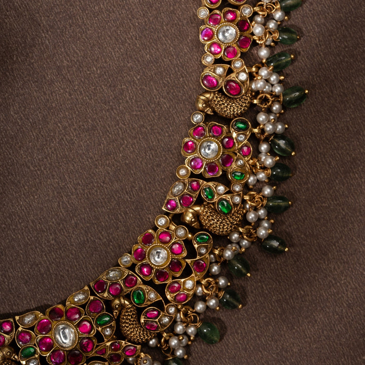 Pure 92.5 Silver, Gold Plated Roseate Feather Kundan Necklace | SHOBITAM