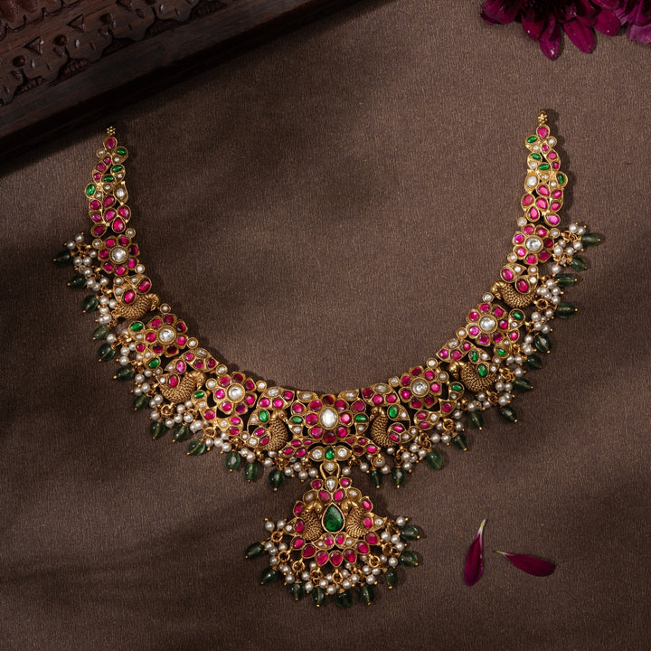 Pure 92.5 Silver, Gold Plated Roseate Feather Kundan Necklace | SHOBITAM