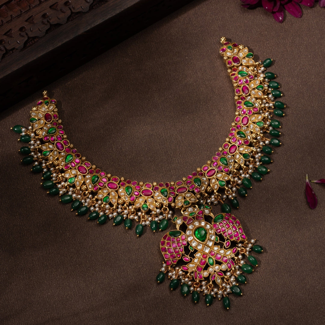 Pure 92.5 Silver, Gold Plated Raksha-Beruda Kundan Necklace | SHOBITAM