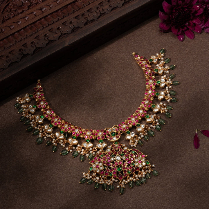Pure 92.5 Silver, Gold Plated Peacock-Kusum Kundan Necklace | SHOBITAM