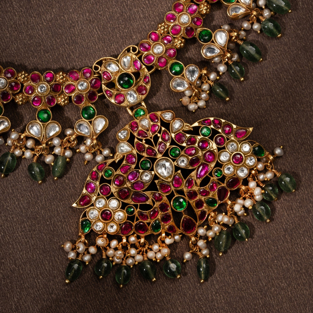 Pure 92.5 Silver, Gold Plated Peacock-Kusum Kundan Necklace | SHOBITAM