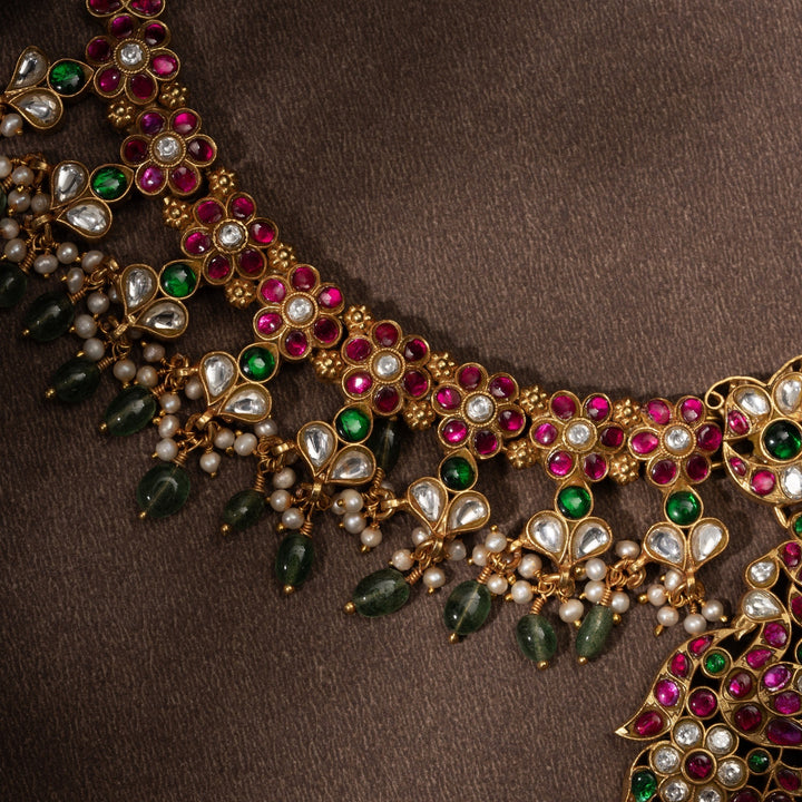 Pure 92.5 Silver, Gold Plated Peacock-Kusum Kundan Necklace | SHOBITAM