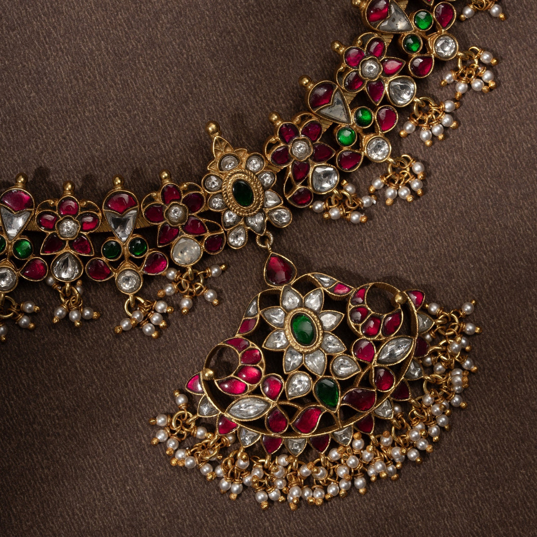 Pure 92.5 Silver, Gold Plated Rajsi-Phool Kundan Necklace | SHOBITAM