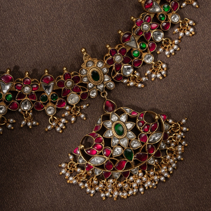 Pure 92.5 Silver, Gold Plated Rajsi-Phool Kundan Necklace | SHOBITAM
