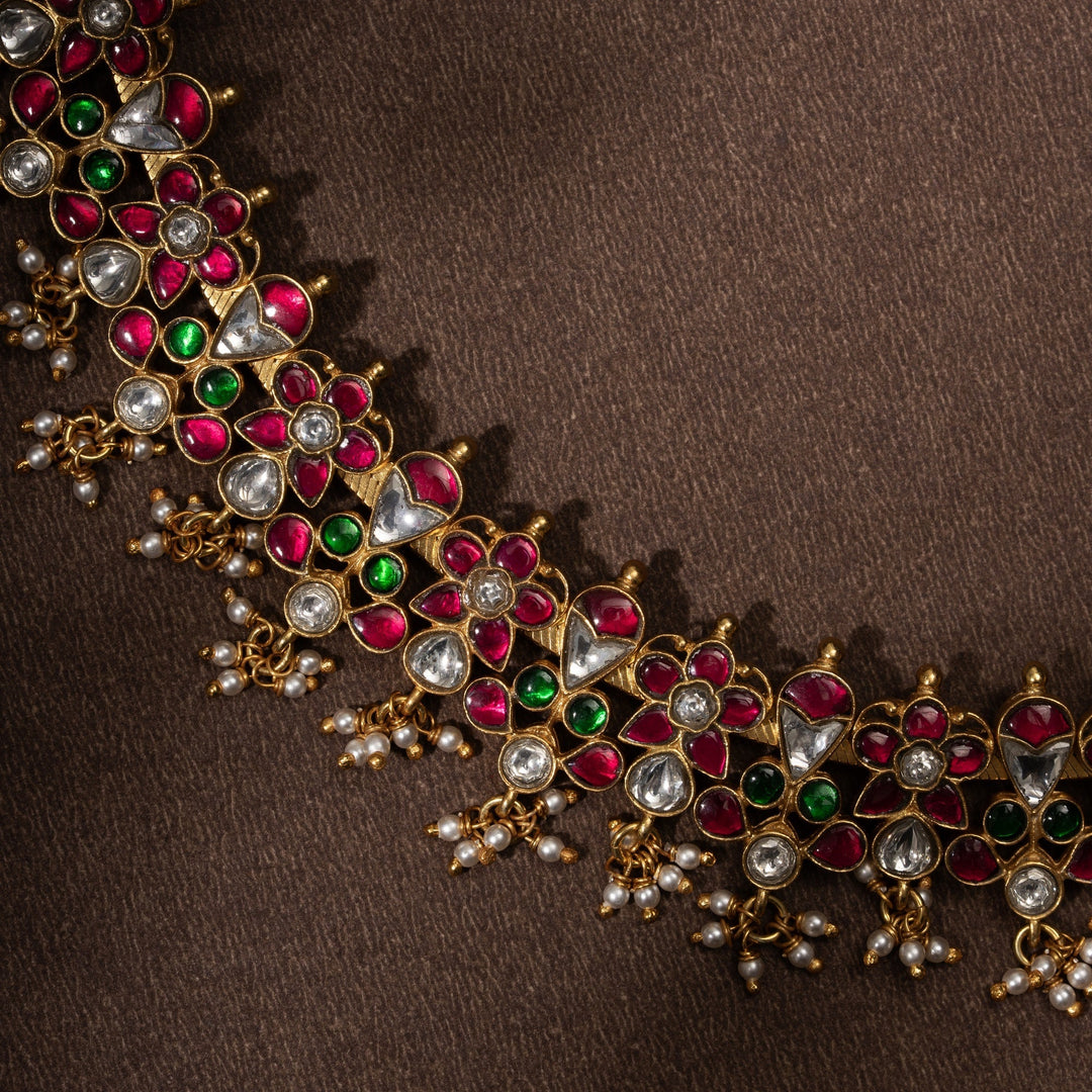 Pure 92.5 Silver, Gold Plated Rajsi-Phool Kundan Necklace | SHOBITAM