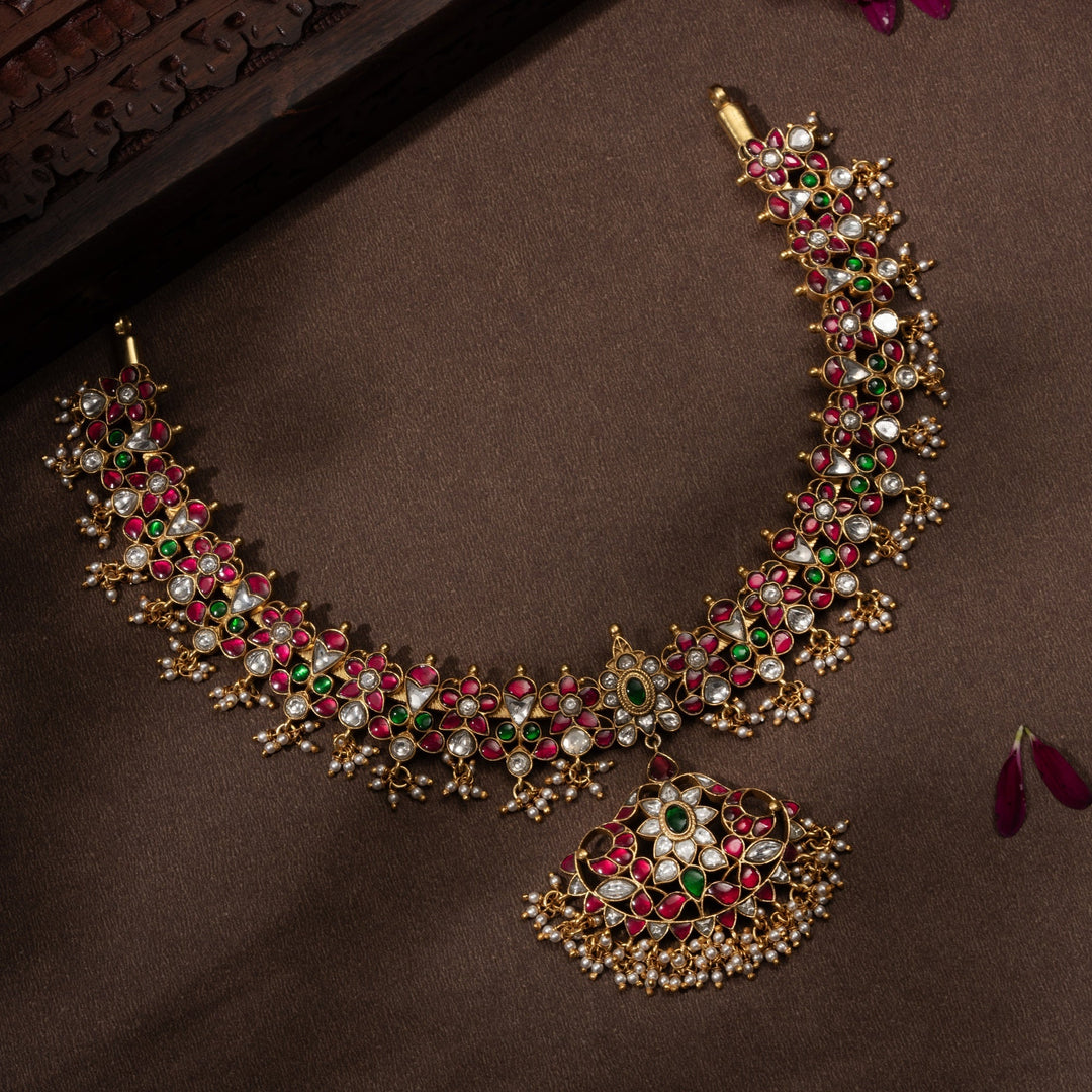 Pure 92.5 Silver, Gold Plated Rajsi-Phool Kundan Necklace | SHOBITAM