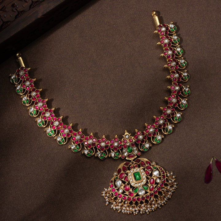 Pure 92.5 Silver, Gold Plated Rajpushp Kundan Necklace | SHOBITAM