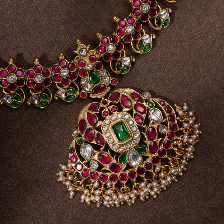 Pure 92.5 Silver, Gold Plated Rajpushp Kundan Necklace | SHOBITAM