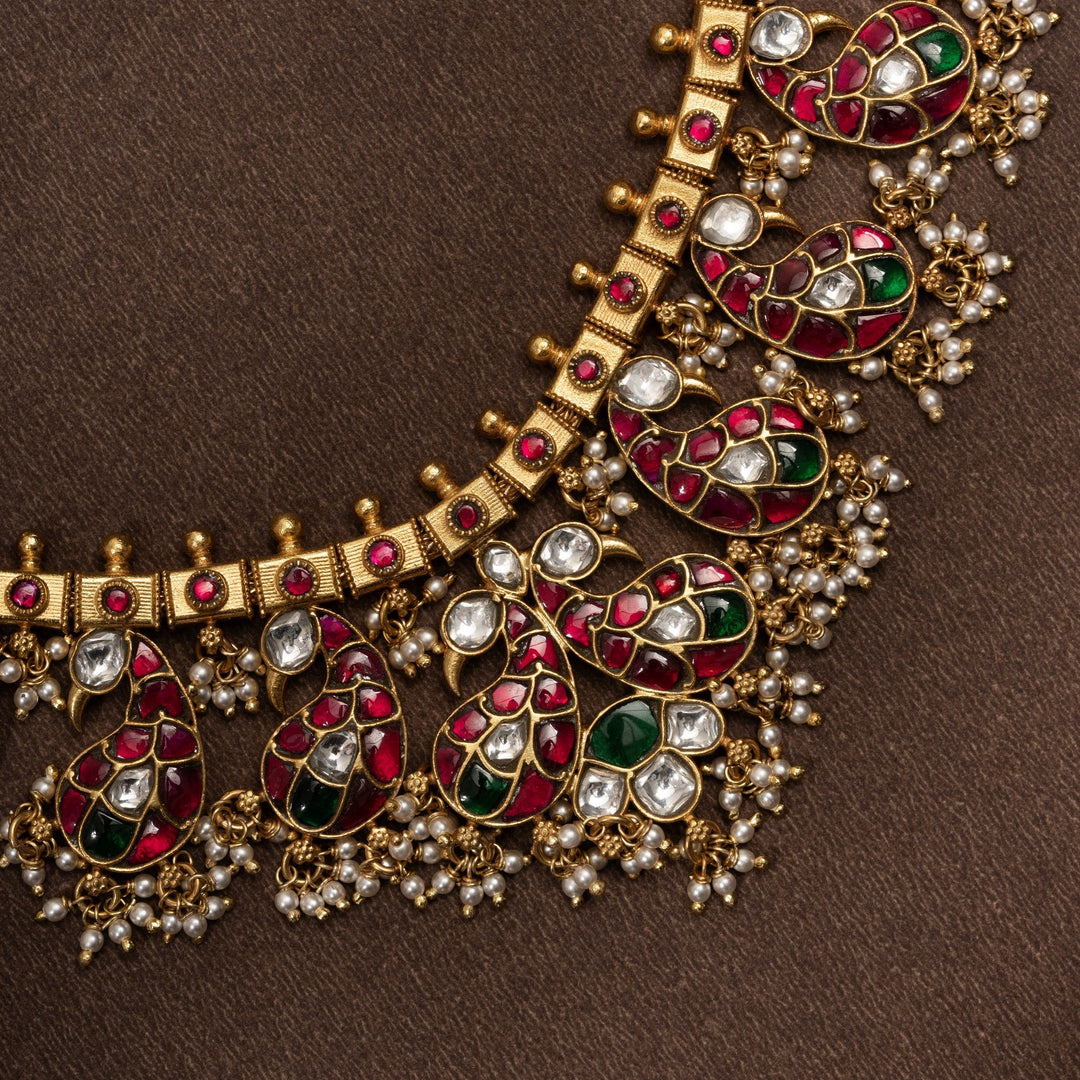 Pure 92.5 Silver, Gold Plated Plumage-Phool Kundan Necklace | SHOBITAM
