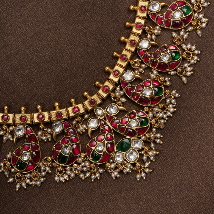 Pure 92.5 Silver, Gold Plated Plumage-Phool Kundan Necklace | SHOBITAM