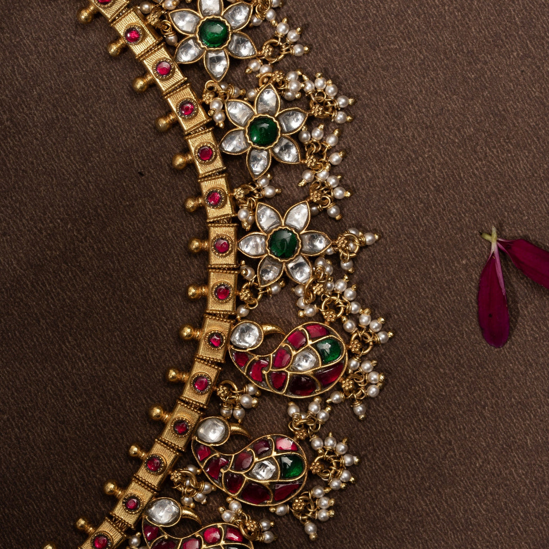 Pure 92.5 Silver, Gold Plated Plumage-Phool Kundan Necklace | SHOBITAM