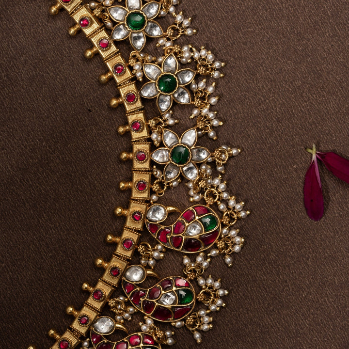 Pure 92.5 Silver, Gold Plated Plumage-Phool Kundan Necklace | SHOBITAM