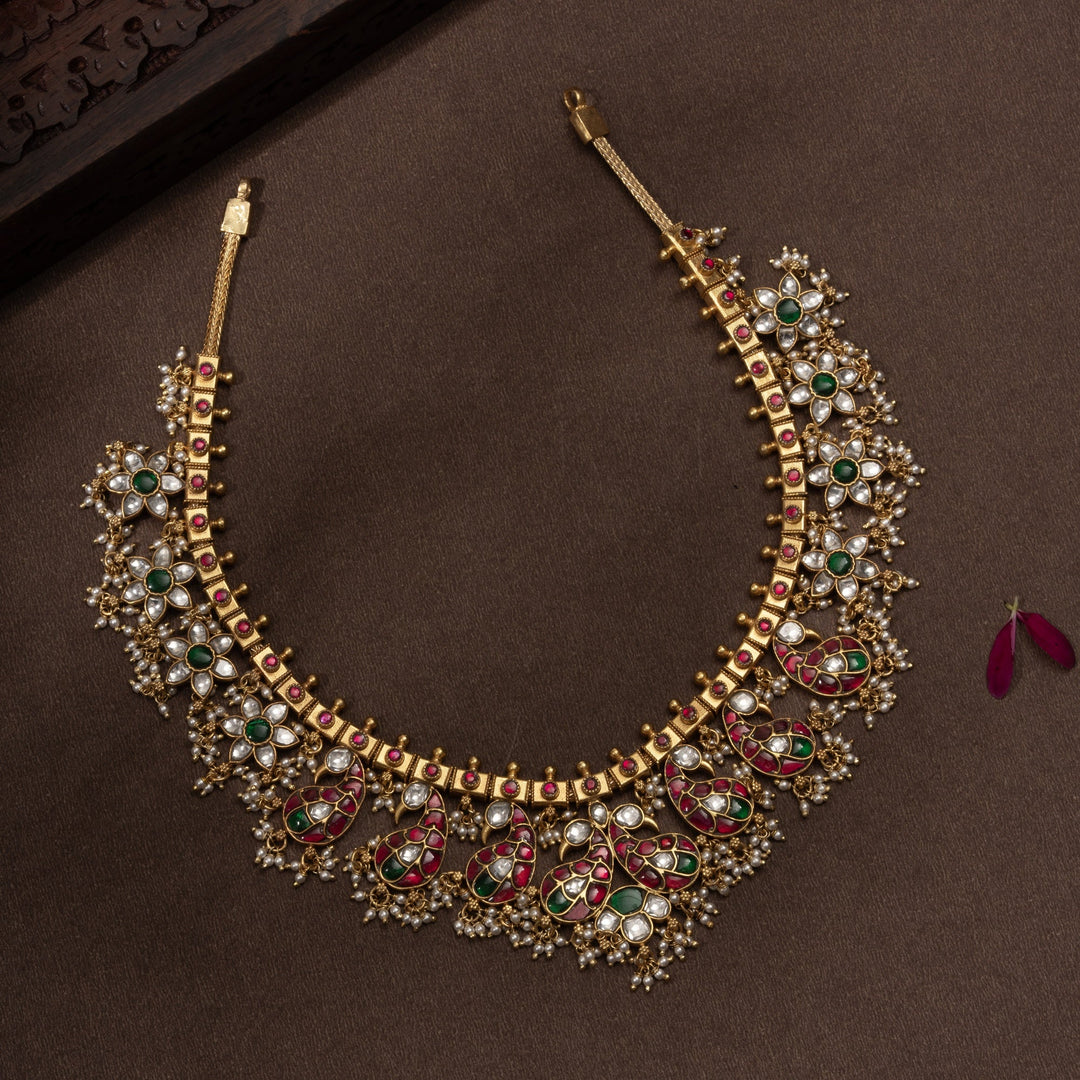 Pure 92.5 Silver, Gold Plated Plumage-Phool Kundan Necklace | SHOBITAM
