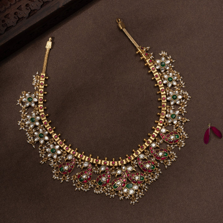 Pure 92.5 Silver, Gold Plated Plumage-Phool Kundan Necklace | SHOBITAM