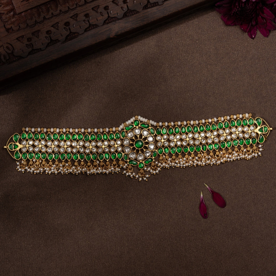 Pure 92.5 Silver, Gold Plated Pushpa Valli Kundan Choker | SHOBITAM