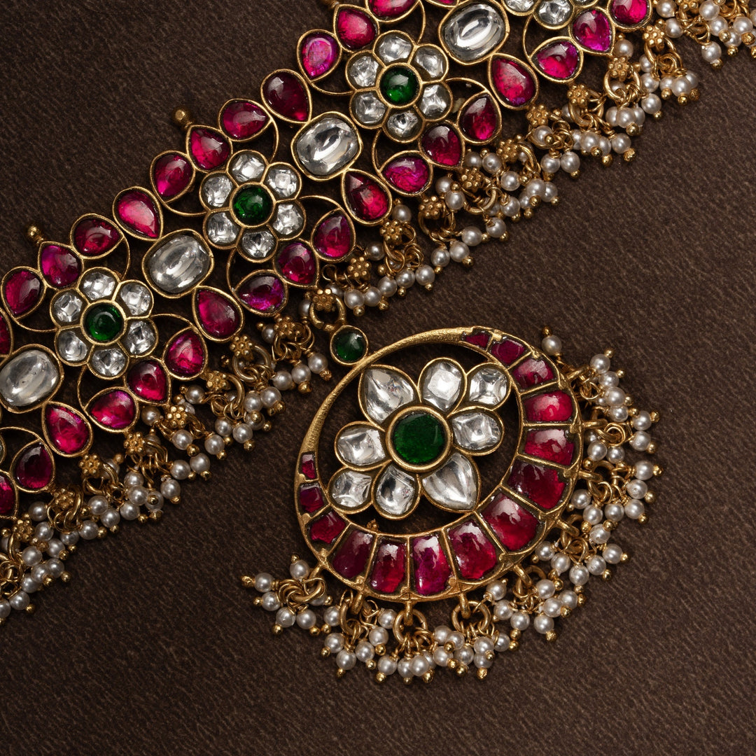 Pure 92.5 Silver, Gold Plated Kusuma-Hara Kundan Choker | SHOBITAM