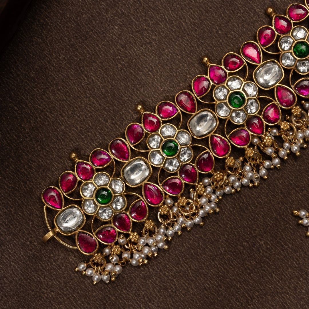 Pure 92.5 Silver, Gold Plated Kusuma-Hara Kundan Choker | SHOBITAM