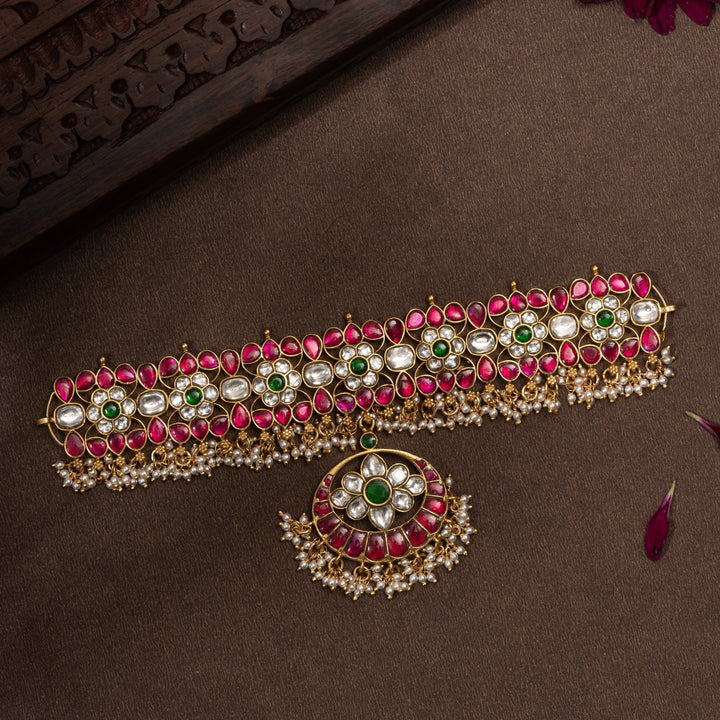 Pure 92.5 Silver, Gold Plated Kusuma-Hara Kundan Choker | SHOBITAM