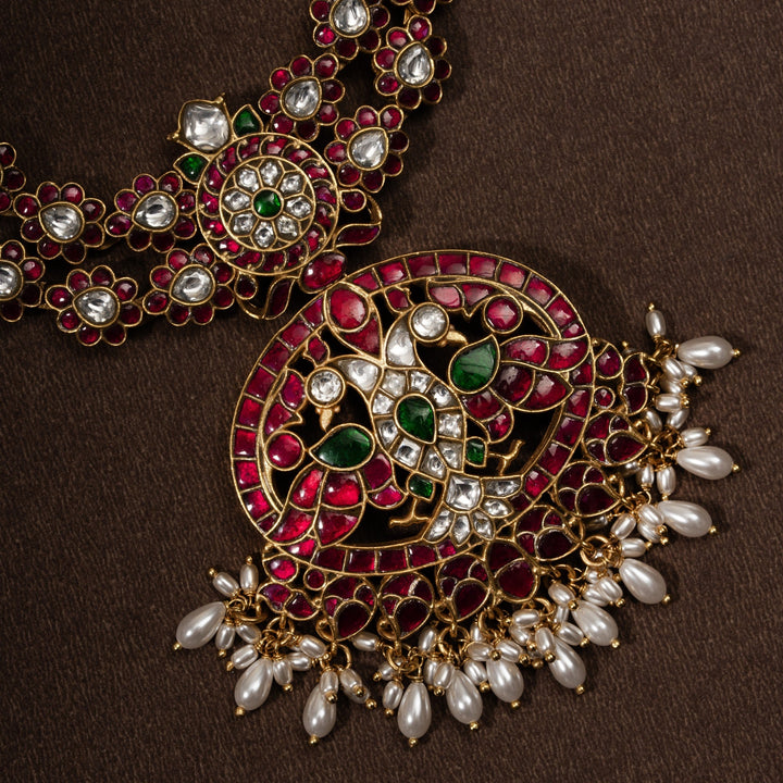 Pure 92.5 Silver, Gold Plated Rajmudra-Berunda Kundan Necklace | SHOBITAM