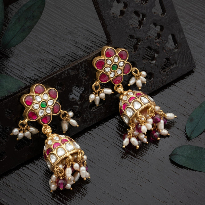 92.5 Silver, 24kt Gold Polish Kundan Phoolvira Jhumki | SHOBITAM