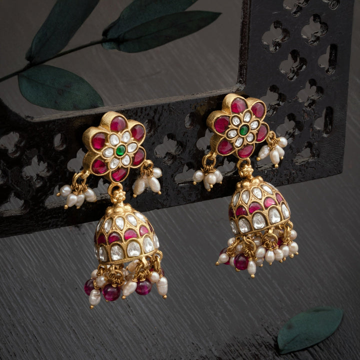 92.5 Silver, 24kt Gold Polish Kundan Phoolvira Jhumki | SHOBITAM