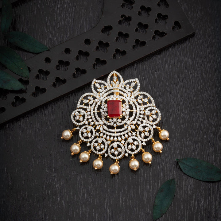 92.5 Silver, Gold Plated, Red-Ruby CZ Pendant Set | SHOBITAM