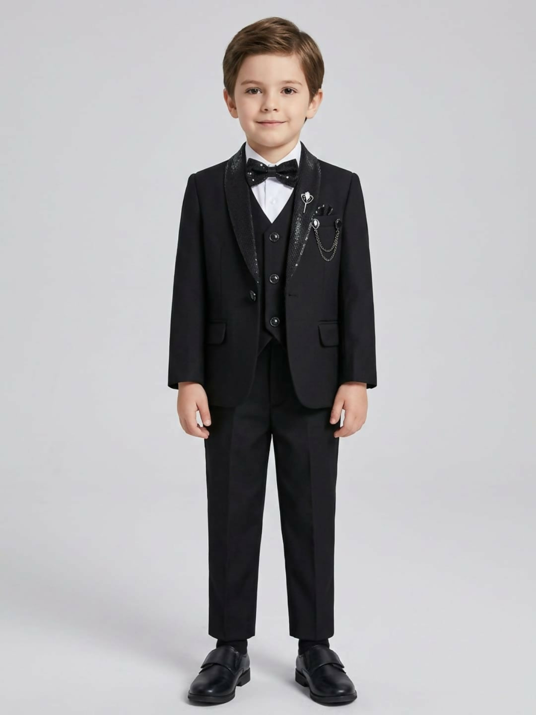 Boys Formal Black Suit Set with Blazer, Waistcoat, Dress Shirt, Trousers & Bow Tie | SHOBITAM