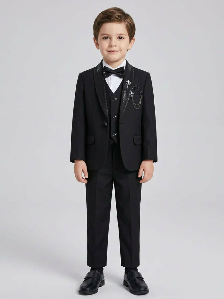 Boys Formal Black Suit Set with Blazer, Waistcoat, Dress Shirt, Trousers & Bow Tie | SHOBITAM