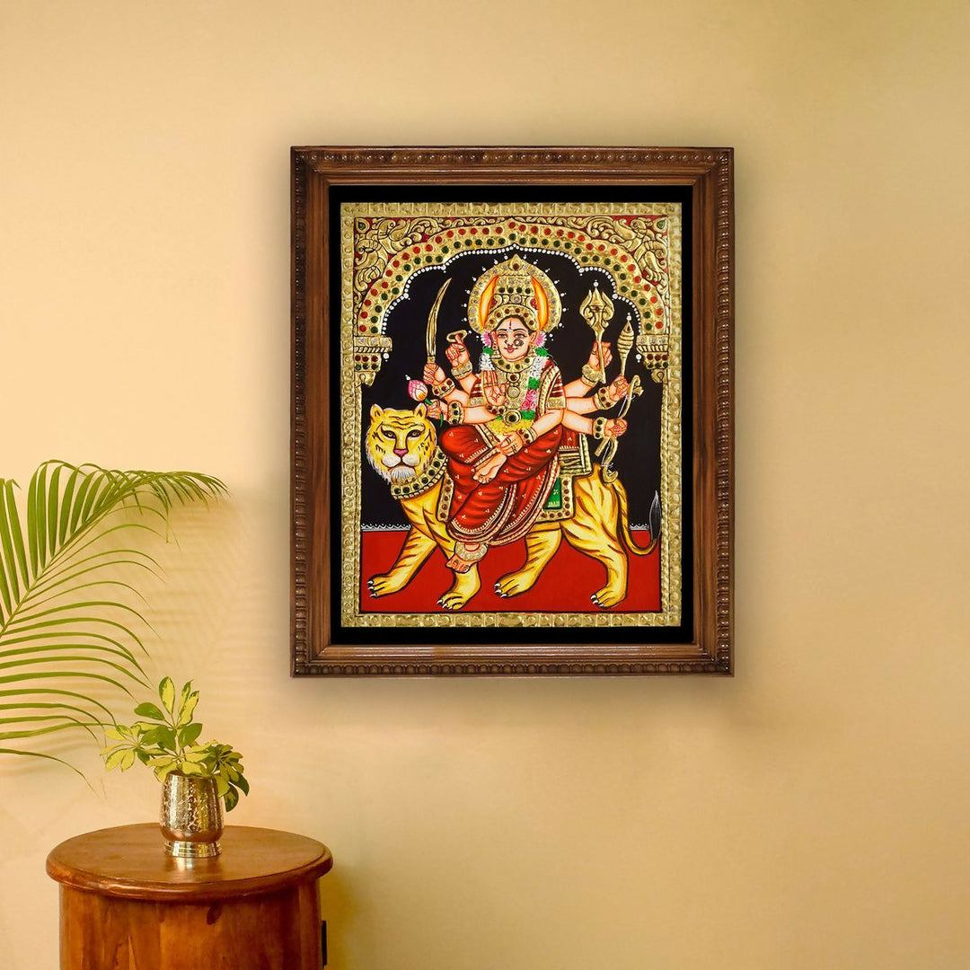 8*10 TANJORE PAINTING DURGA DEVI Authentic With 22 Ct Gold Foil and Jaipur Gemstones,Unframed | SHOBITAM
