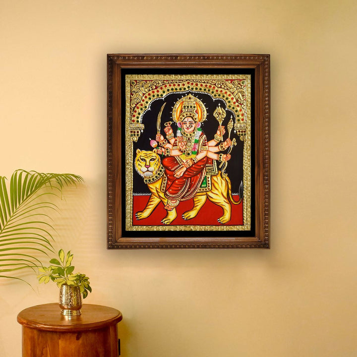 8*10 TANJORE PAINTING DURGA DEVI Authentic With 22 Ct Gold Foil and Jaipur Gemstones,Unframed | SHOBITAM