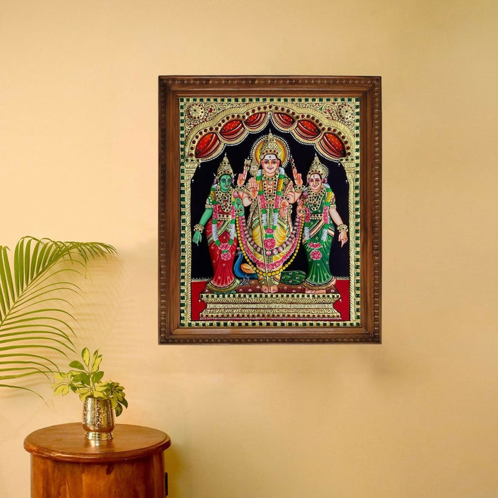 16*20" Tanjore Painting of Murugan Valli Devayani Authentic with 22 Ct Gold Foil and Jaipur Gemstones, Unframed | SHOBITAM