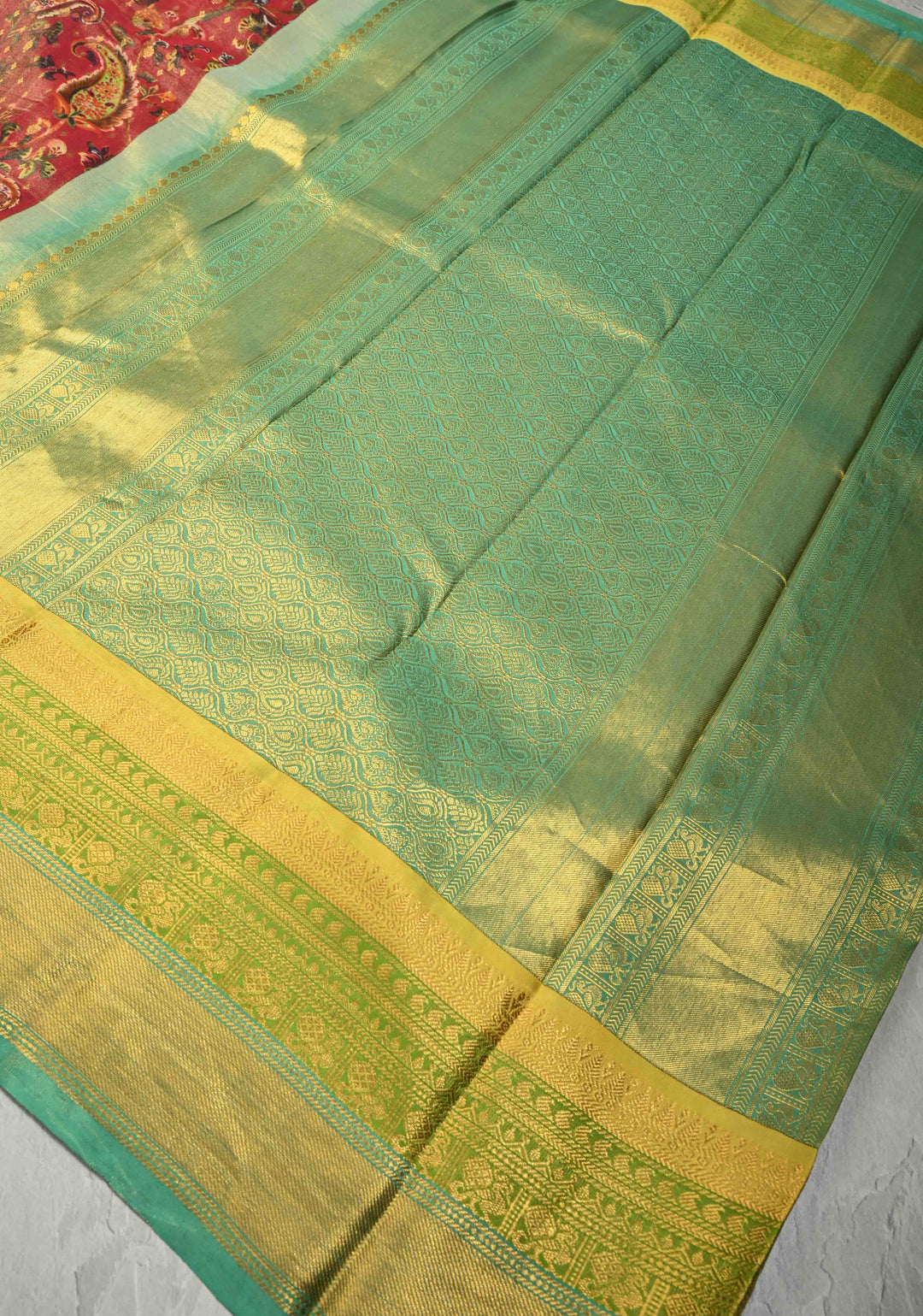 Reddish Pink Tissue Silk Saree with Floral Digital Print and contrast zari border | SILK MARK CERTIFIED